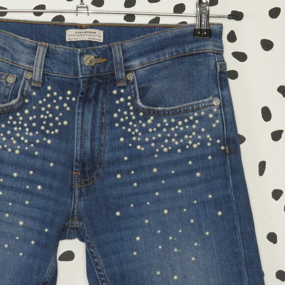 Zara Pearl Beaded Embellished Slim Boyfriend Denim Jeans - Picture 4 of 11